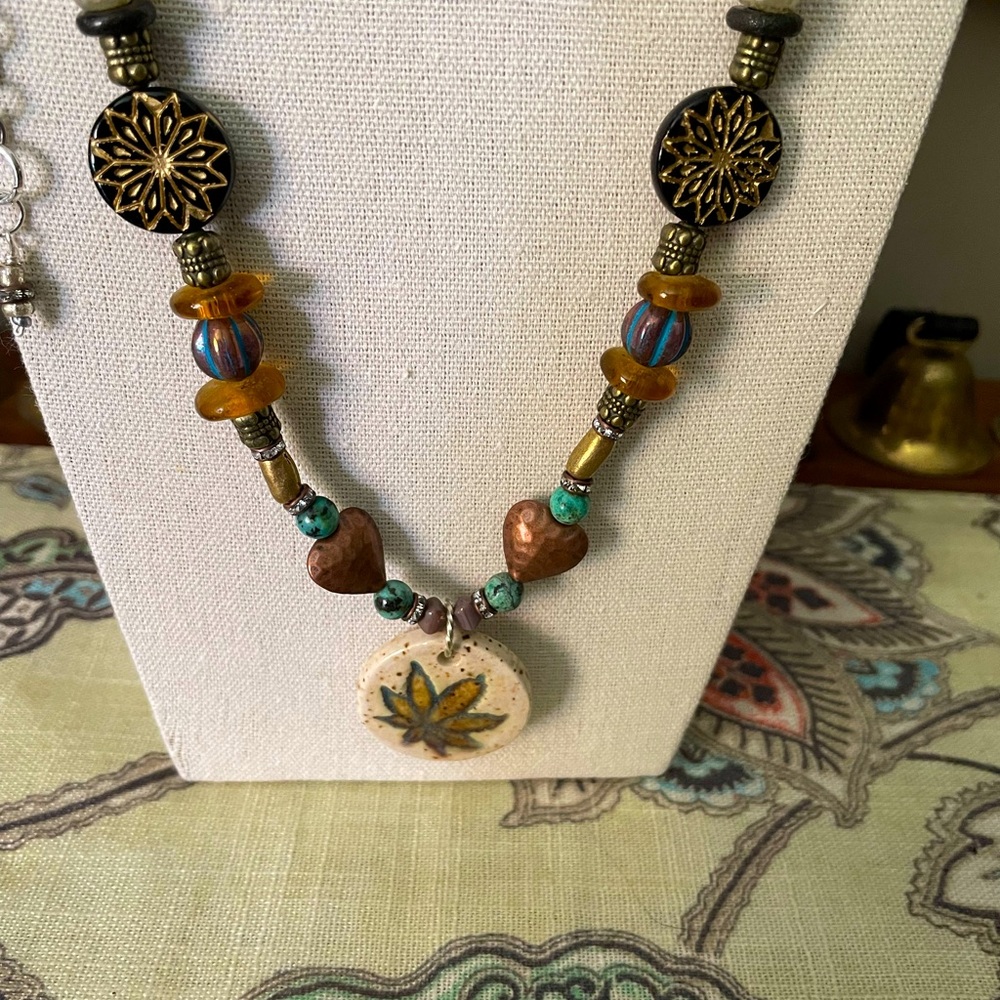 Handmade Leaf pendant beaded necklace.